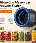 Mason Jar Vacuum Sealer Kit, 20s Fast Seal, No-Fuss All-In-One Design, cordless sealer with various jar sizes and sealed food