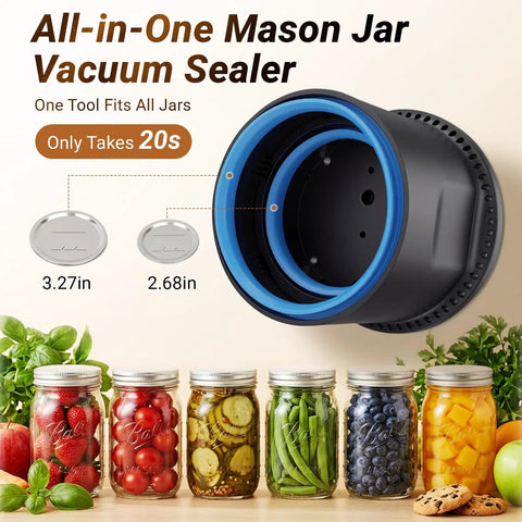 Mason Jar Vacuum Sealer Kit, 20s Fast Seal, No-Fuss All-In-One Design, cordless sealer with various jar sizes and sealed food