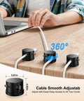 12 Pack 360 Degree Rotatable Spring Cable Clips With 1 Second Lock Adhesive Cord Holder for desks, shown in use on wooden surface.