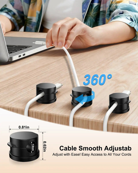 12 Pack 360 Degree Rotatable Spring Cable Clips With 1 Second Lock Adhesive Cord Holder for desks, shown in use on wooden surface.