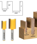 Dados And Straight Router Bit Set For Plywood Undersize Cuts With One Quarter Inch Shank Three Bit Pack displayed with plywood sizes