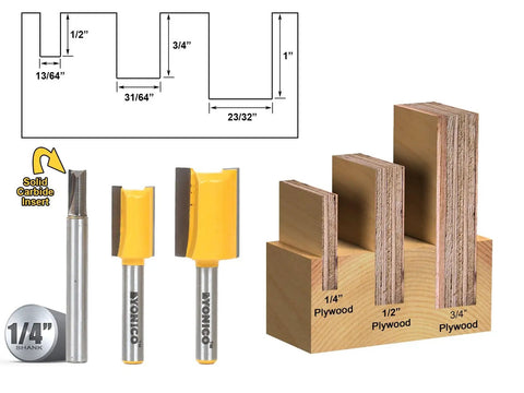 Dados And Straight Router Bit Set For Plywood Undersize Cuts With One Quarter Inch Shank Three Bit Pack displayed with plywood sizes