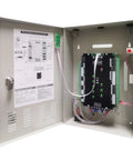 Open metal cabinet with Four Door Network Access Control System Kit With Panel Controller, showing wiring and circuit board inside.