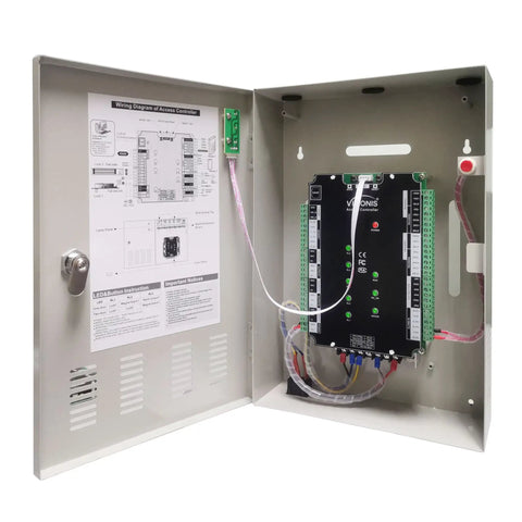 Open metal cabinet with Four Door Network Access Control System Kit With Panel Controller, showing wiring and circuit board inside.