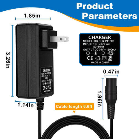 Dimensions and specifications of 24V Scooter Charger For Electric Scooters And Dirt Bikes Compatible With MX350 MX400 E100.