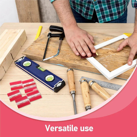 Workshop setting with tools and Six Pack Self Adhesive Transparent Piano Hinges 45mm for DIY Projects