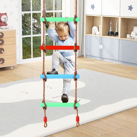 Child climbing on Rope Ladder And Disc Swing Set For Kids, Durable Climbing Ladder For Swing Sets in indoor playroom.