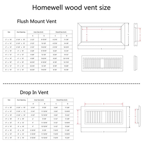 White Oak Wood Floor Register 4x12 Inch Unfinished Flush Mount Vent With Damper Durable Frame dimensions chart