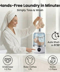 Hella Compact Portable Mini Washer For Underwear And Socks With Cordless Rechargeable Design For Travel Dorm And Rv Use featuring hands-free operation with a woman using it.