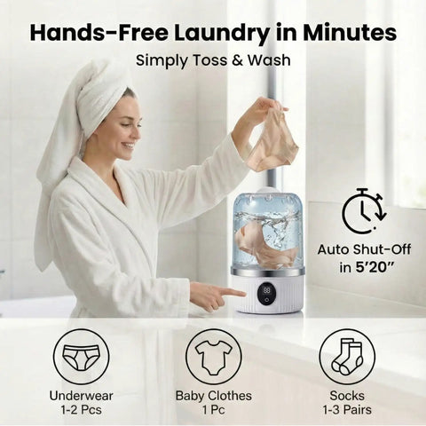 Hella Compact Portable Mini Washer For Underwear And Socks With Cordless Rechargeable Design For Travel Dorm And Rv Use featuring hands-free operation with a woman using it.