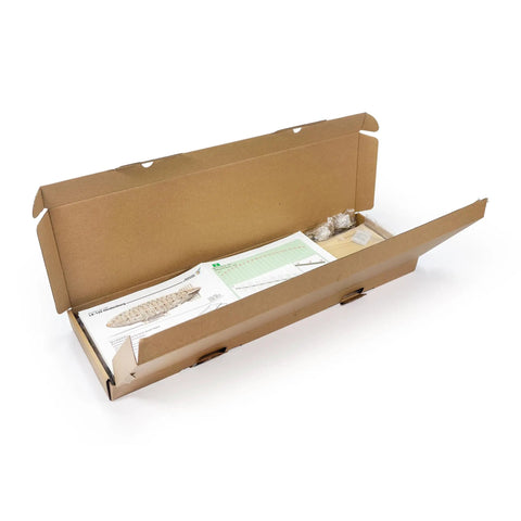 Open box displaying 1:453 Scale Hindenburg Zeppelin Wooden 3D Puzzle Model With Wooden Light Box And Acrylic Dust Shield, 540mm Long Display Kit.