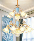 Showstopper European Double Crystal Ceiling Pendant Light With Warm Led Glow And Adjustable Chain For Living Rooms, decorated with glass flower-like shades.