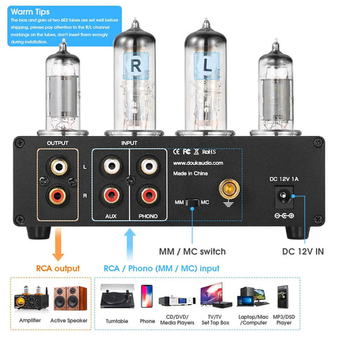 Old School Vacuum Tube Phono Preamplifier For MM And MC Turntable With Headphone Output Warm Rich Tone Magic Eye Meter Dual 6E2 And 6A2 Tubes rear panel with RCA inputs, outputs, and MM/MC switch