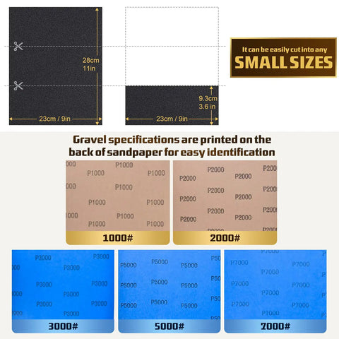 Image of 25-Piece Wet Dry Sandpaper Set With 1000 2000 3000 5000 7000 Grit, showing sheet sizes and printed grit labels for easy ID.