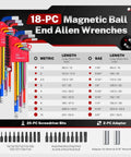 18-Pc Magnetic Ball End Allen Wrench Set with color coded SAE/Metric keys, screwdriver bits, and adapter, shown in packaging.