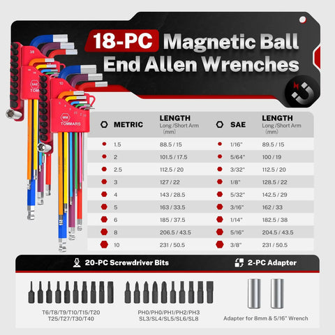 18-Pc Magnetic Ball End Allen Wrench Set with color coded SAE/Metric keys, screwdriver bits, and adapter, shown in packaging.