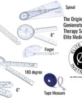 Original 6 Piece Goniometer Set Plus Measuring Tape 7 Piece Comprehensive Angles Kit For Physical Therapy And Rehab EGM431 Includes Multiple Size Goniometers, white plastic set shown with 12in, 8in, 6in, finger, 180 degree, spinal and tape measure