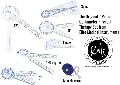 Original 6 Piece Goniometer Set Plus Measuring Tape 7 Piece Comprehensive Angles Kit For Physical Therapy And Rehab EGM431 Includes Multiple Size Goniometers, white plastic set shown with 12in, 8in, 6in, finger, 180 degree, spinal and tape measure