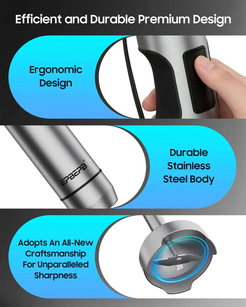 Heavy Duty Corded Stick Blender With 1000W Pure Copper Motor And 11 Speed Adjustable Settings showing ergonomic handle and stainless steel body.