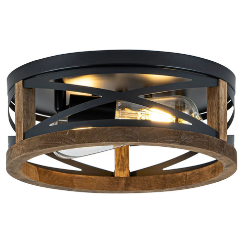 Farmhouse Round Flush Mount Ceiling Light With Wood And Black Metal Frame 2 Light Rustic Ceiling Fixture close-up