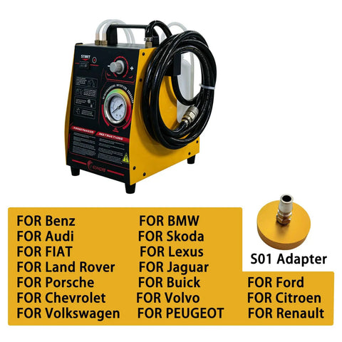 Electric Brake Fluid Bleeder Machine 110V for Easy Brake Fluid Exchange With Adjustable Pressure and One Adapter shown with adapter list