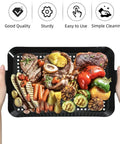 Heavy Duty Nonstick Grill Pan Set For Outdoor Barbecue Cooking Includes Two Durable Carbon Steel Trays with grilled meats and vegetables.