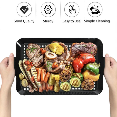 Heavy Duty Nonstick Grill Pan Set For Outdoor Barbecue Cooking Includes Two Durable Carbon Steel Trays with grilled meats and vegetables.