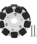 100mm Double Aluminum Omni Wheel For Robots, Heavy Duty 30Kg Load Capacity, 18 Rubber Rollers, Smooth 360 Degree Movement For Platform Robotic Kits And Easy Assembly Included shown with screws.