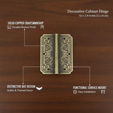 No Fuss Surface Mount Decorative Hinge In Solid Copper Bronze Finish For Cabinet Doors 4.3 By 2.4 Inches with bat design