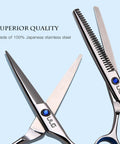 Pro Grade Hair Cutting Scissors And Thinning Shears Kit for barbers, Japanese stainless steel, close-up of 6.5 inch blades, right-handed