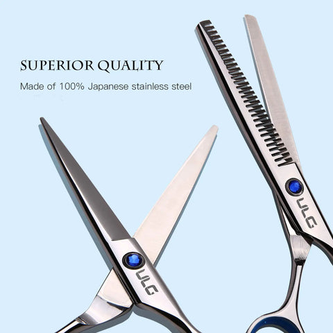 Pro Grade Hair Cutting Scissors And Thinning Shears Kit for barbers, Japanese stainless steel, close-up of 6.5 inch blades, right-handed
