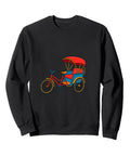 Relaxed Fit Pedicab Sweatshirt With Dope Cycle Rickshaw And Bike Taxi Prints, black cotton crewneck featuring colorful rickshaw graphics.