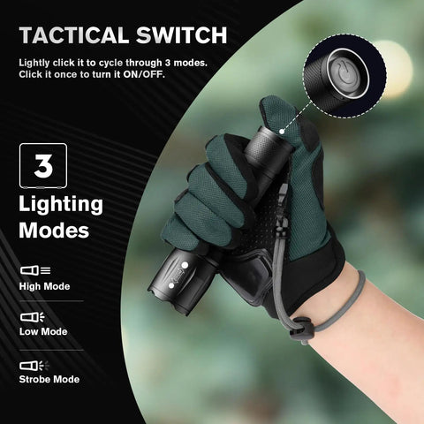 Hand holding flashlight showing Six Pack LED Flashlights With High Lumens Pocket Size Three Modes Battery Powered Adjustable Focus Waterproof