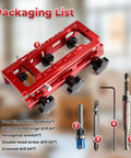 Adjustable Aluminum Door Hinge Mortise Jig Kit with Dual Clamps, shown with drilling bits and wrench, in packaging list view.