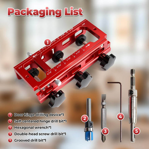 Adjustable Aluminum Door Hinge Mortise Jig Kit with Dual Clamps, shown with drilling bits and wrench, in packaging list view.