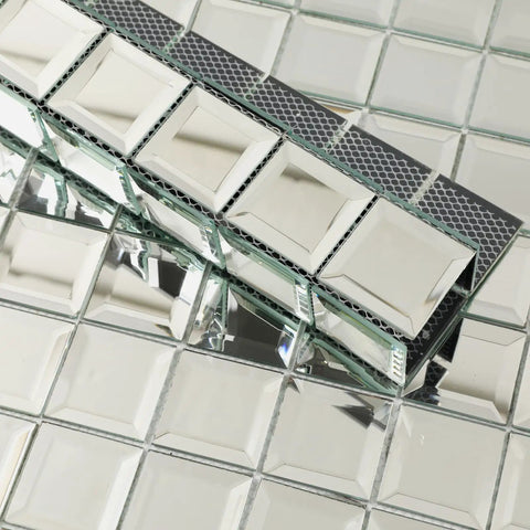 Mirror Glass Mosaic Tiles With Slick Beveled Silver Crystal Finish For Kitchen Backsplash And Bathroom DIY Projects, close-up view