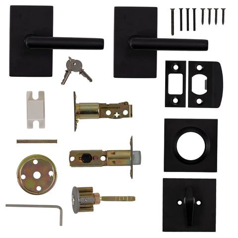 Passage Lever Door Handle Set With Single Cylinder Deadbolt Lock In Iron Black Finish laid out with installation pieces