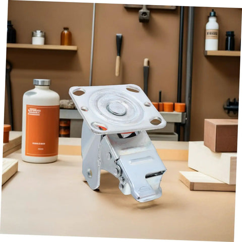 Heavy Duty Swivel Caster Bracket With Parking Brake, Four Inch Steel Rotating Wheel Frame, close-up view on a workbench.