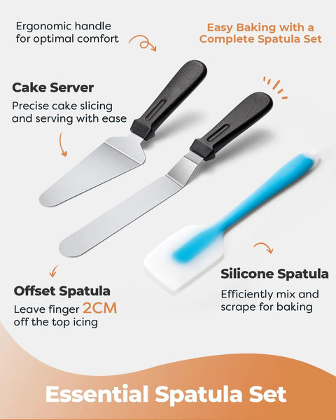 Essential spatula set with ergonomic handles, includes cake server, offset spatula, and silicone spatula for baking.