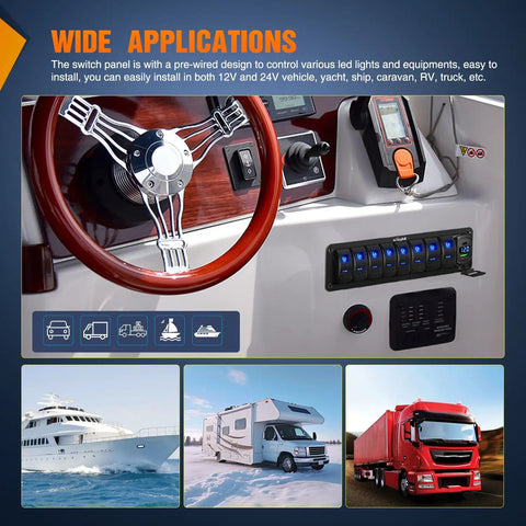 Image of 8 Gang Rocker Switch Panel With PD Type C USB Charger Voltmeter 12V SPST On Off Toggle Switches Blue Backlit