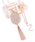 Long Layered Necklace Set For Women With Oval Disk Pendant And Tassel Fringe Y Shape Necklace In Rose Gold, Statement Jewelry