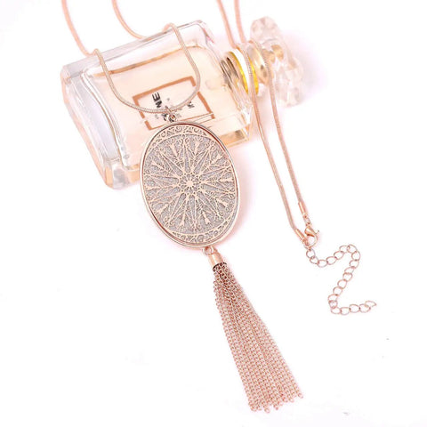 Long Layered Necklace Set For Women With Oval Disk Pendant And Tassel Fringe Y Shape Necklace In Rose Gold, Statement Jewelry