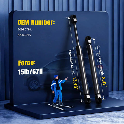 14 Inch 15lb Gas Struts Set for US General Toolbox Shocks Lt08-05b showing dimensions and force capacity on blue background