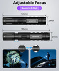 Rechargeable 2-in-1 UV and White Light Flashlight with 395nm UV black light, waterproof, zoomable, shown in two sizes.