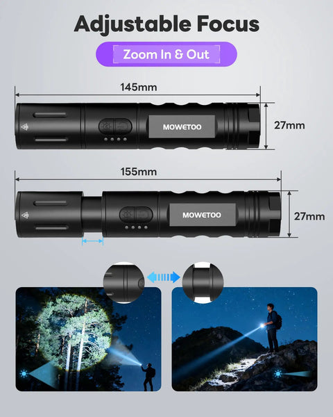 Rechargeable 2-in-1 UV and White Light Flashlight with 395nm UV black light, waterproof, zoomable, shown in two sizes.