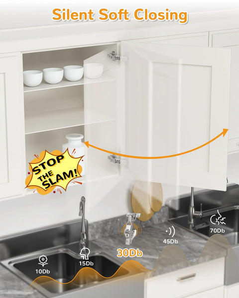 165 Degree Soft Close Corner Cabinet Hinges For Frameless Kitchens Clip On Plate Hidden Face Mount installed on kitchen cupboard door