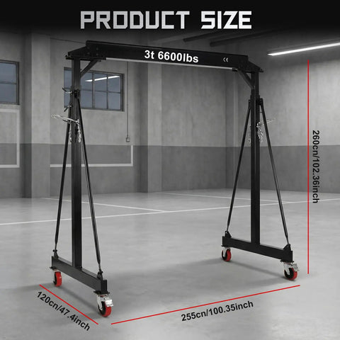 Ridiculously Strong 3 Ton Gantry Crane, Portable Shop Hoist with Wheels, showing dimensions 8.5 to 12.5 Ft, Heavy Duty Steel I Beam Trolley.