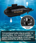 Close-up of black Mini RC Submarine for Kids with 6CH Remote Control in water, highlighting drainage device and upward/downward arrows.