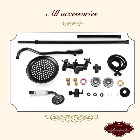 Oil Rubbed Bronze Shower System With 8 Inch Rain Shower Head Two Handle Brass Faucet Three Function Diverter Tub Spout Wall Mount Bath Fixture Set Durable 1.4 GPM Flow For Modern Bathrooms components and accessories