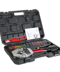 Manual AC Hose Crimper Kit With Pipe Cutter And Seven Dies, Complete Die Set In Case, shown open in carrying case.